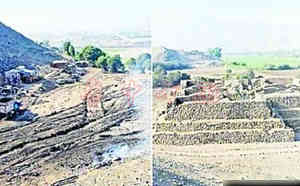 金字塔被夷平后（左）与被毁之前（右）。