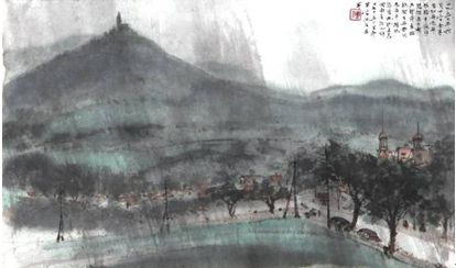 Lot 384傅抱石 返布拉格途中雨景 设色纸本 镜心 27.5×47cm