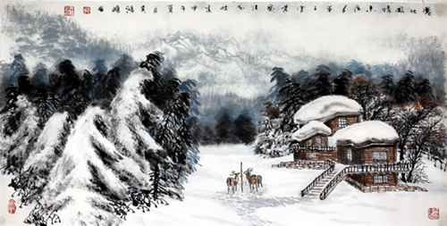 冰雪山水画家吴鸿鹏作品-塞北风情（于志学先生题款）